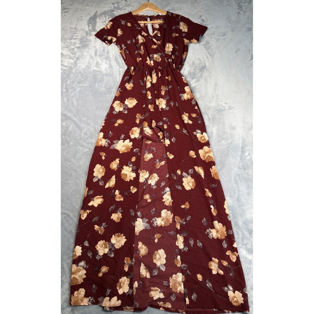 Miami Maxi Dress Womens Small Burgundy Floral Wrap V Neck Short Sleeve Made USA
